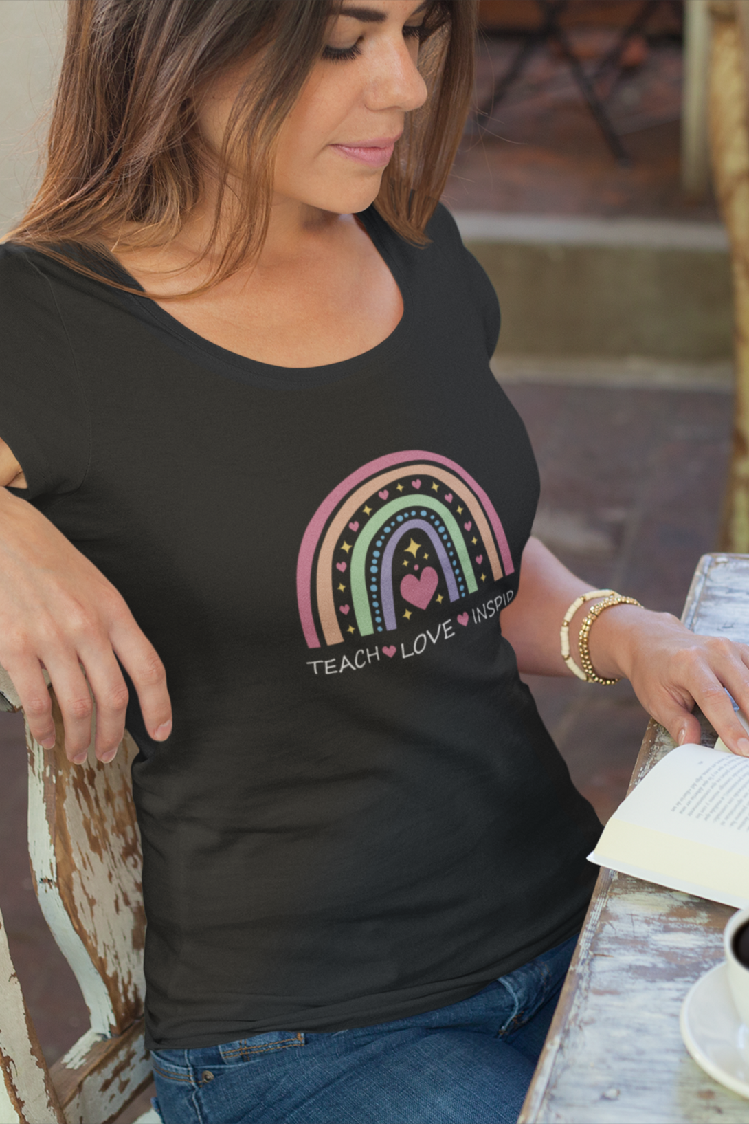 Teach, Love, Inspire Printed Scoop Neck T-Shirt For Women - WowWaves - 2