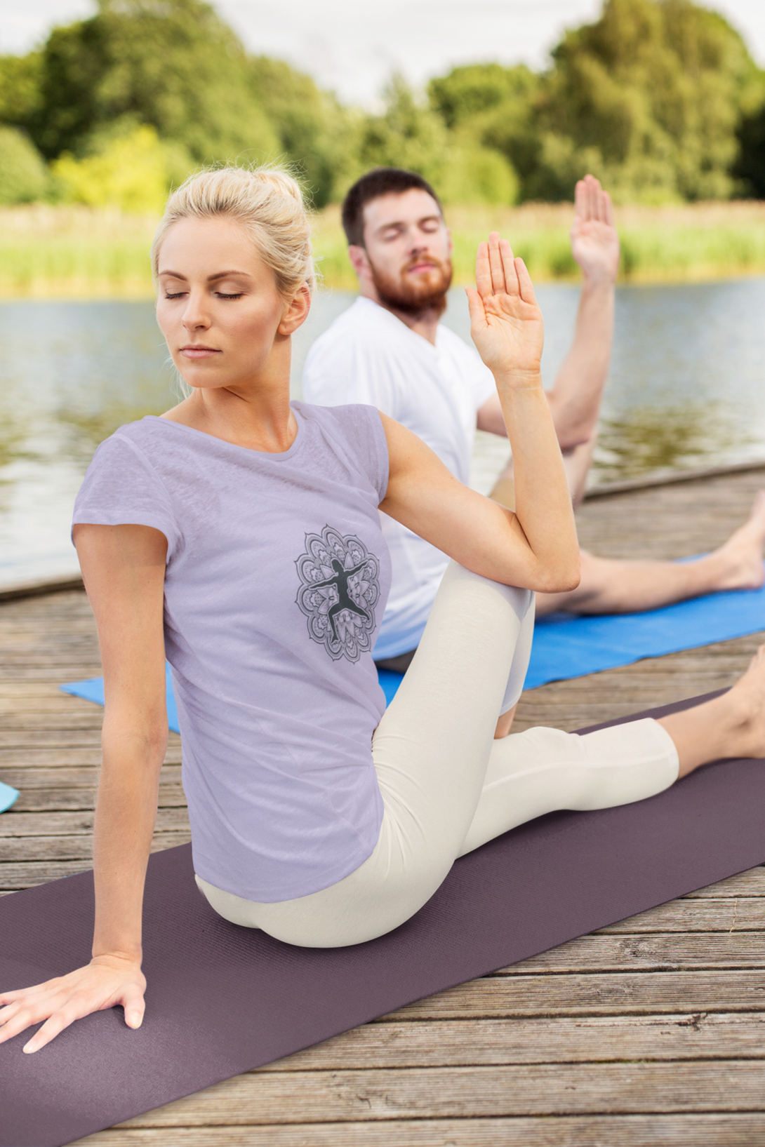 Yoga Pose Mandala Printed Scoop Neck T-Shirt For Women - WowWaves - 4