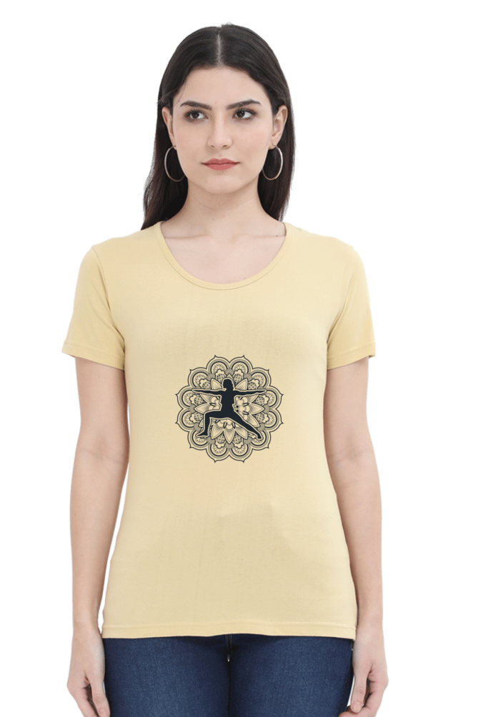Yoga Pose Mandala Printed Scoop Neck T-Shirt For Women - WowWaves - 9