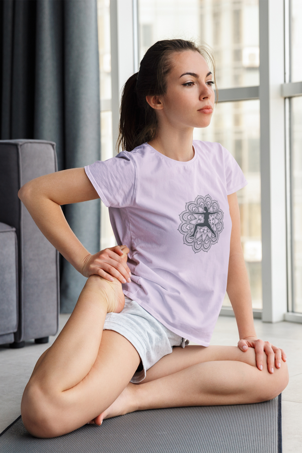 Yoga Pose Mandala Printed T-Shirt For Women - WowWaves