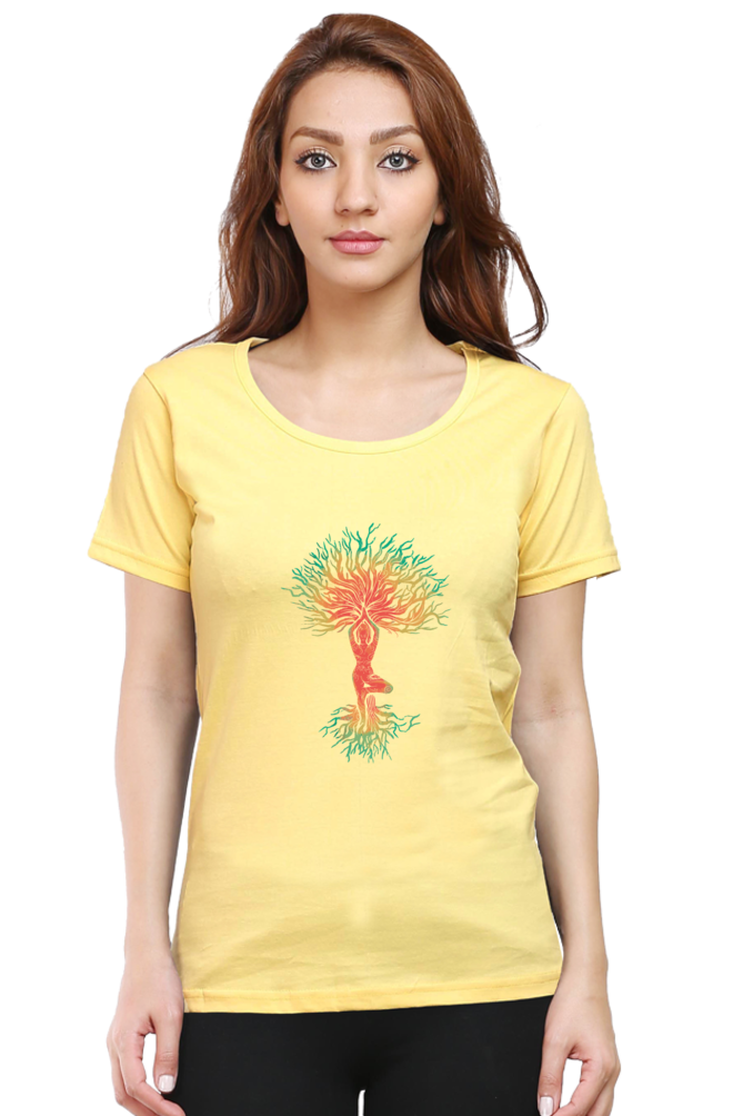 Yoga Tree Printed Scoop Neck T-Shirt For Women - WowWaves - 9