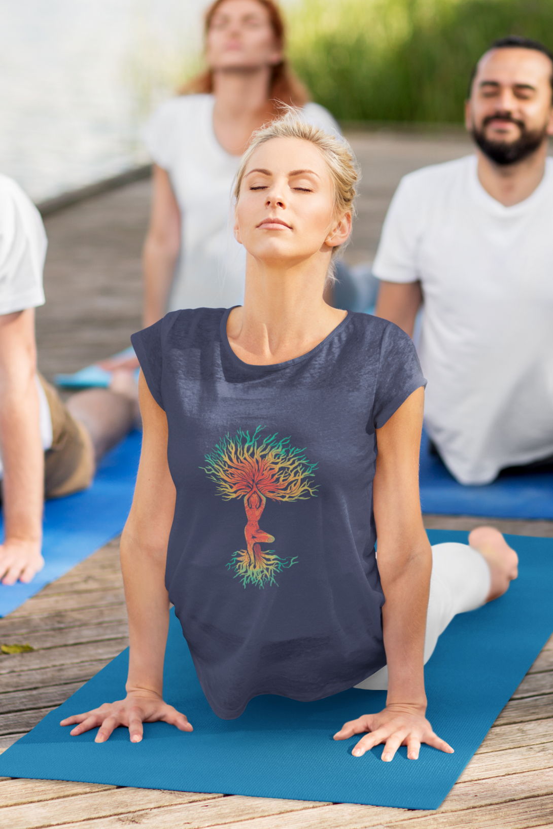 Yoga Tree Printed Scoop Neck T-Shirt For Women - WowWaves - 4