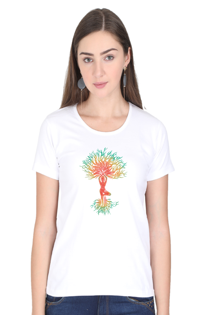 Yoga Tree Printed Scoop Neck T-Shirt For Women - WowWaves - 10