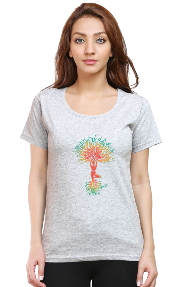 Yoga Tree Printed Scoop Neck T-Shirt For Women - WowWaves - 13