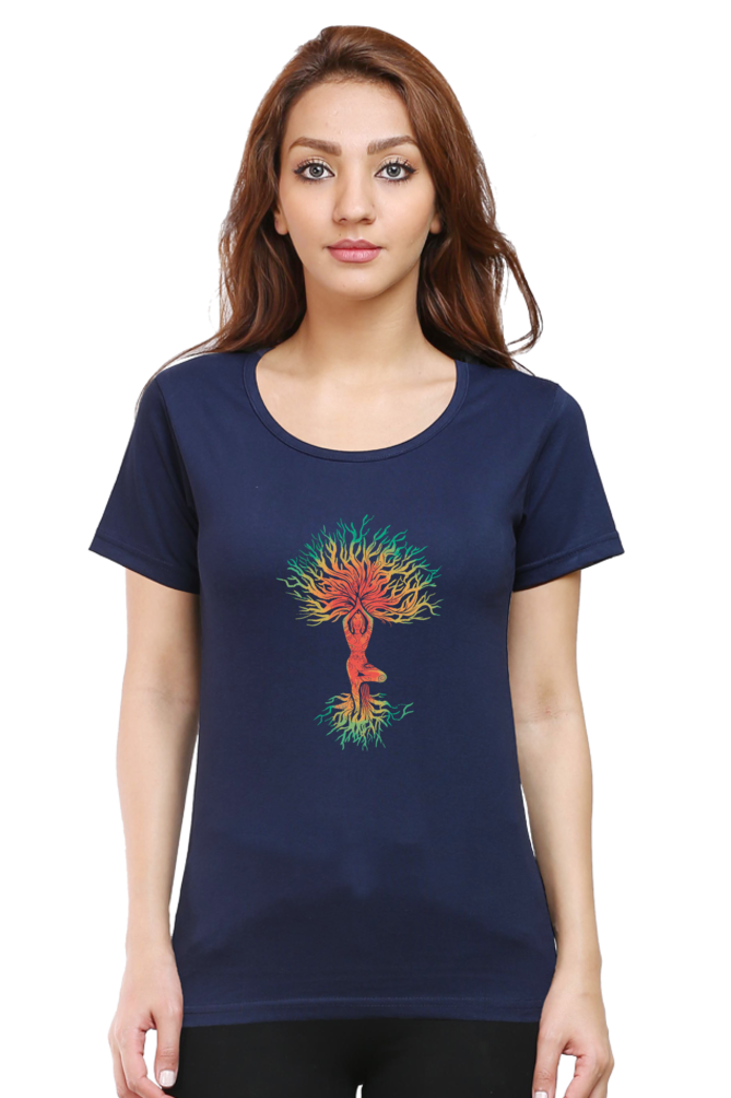 Yoga Tree Printed Scoop Neck T-Shirt For Women - WowWaves - 11