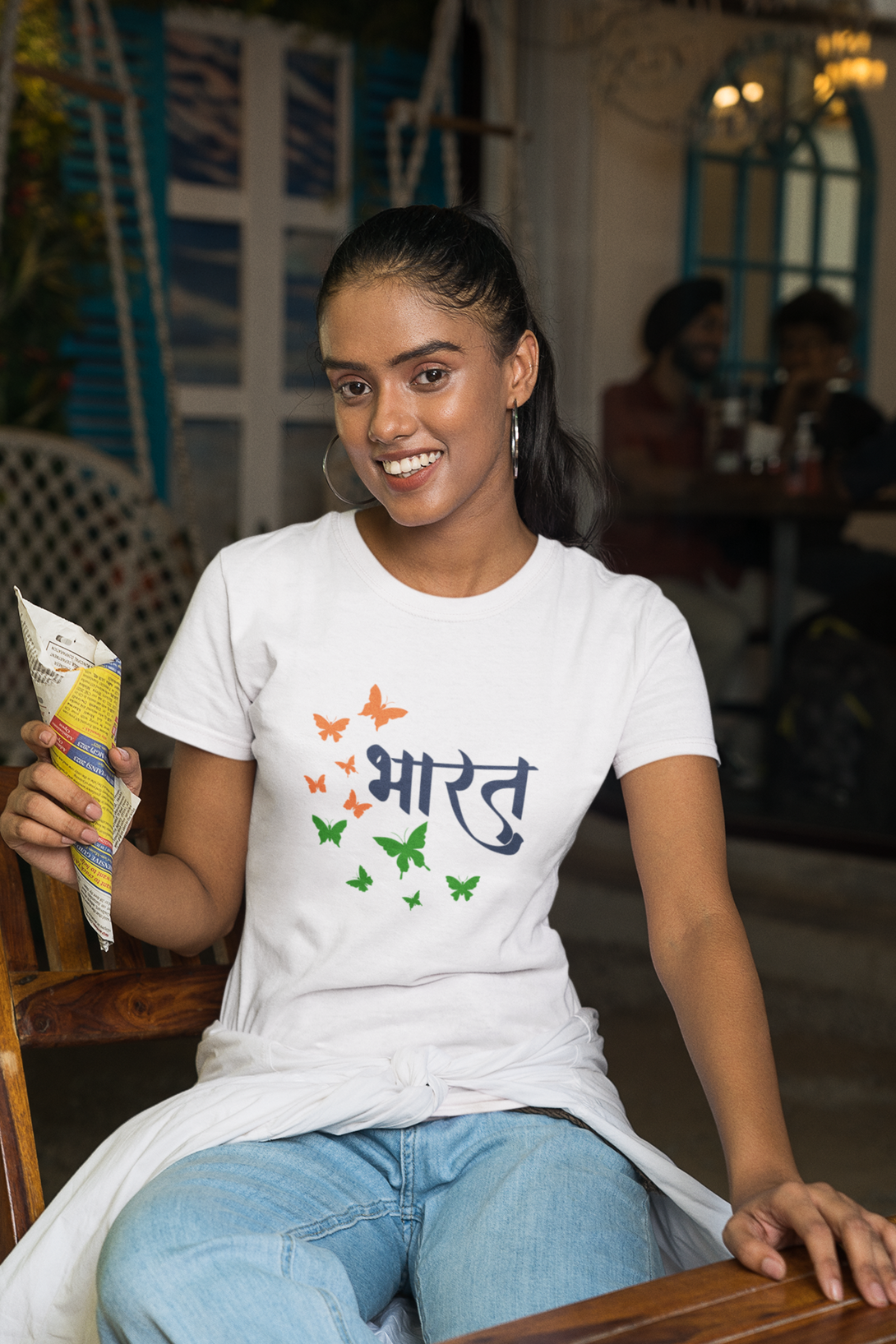 Bharat White Printed T-Shirt For Women - WowWaves - 2