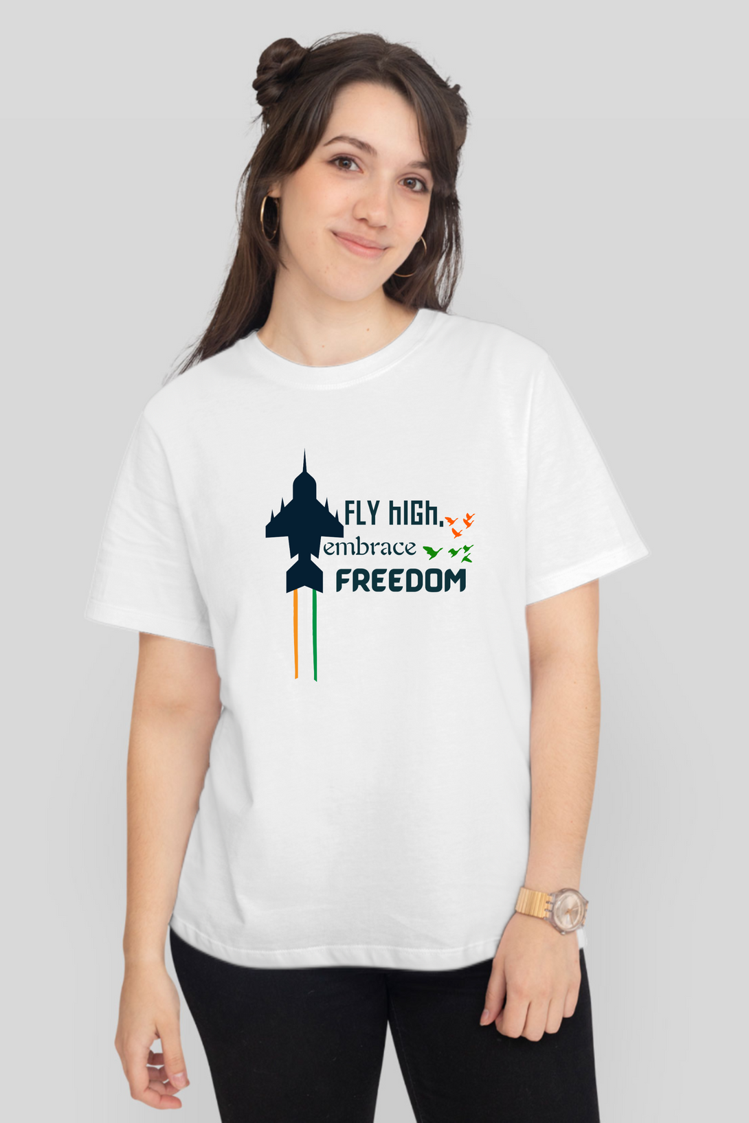 Fly High Embrace Freedom White Printed T-Shirt For Women - WowWaves - 5