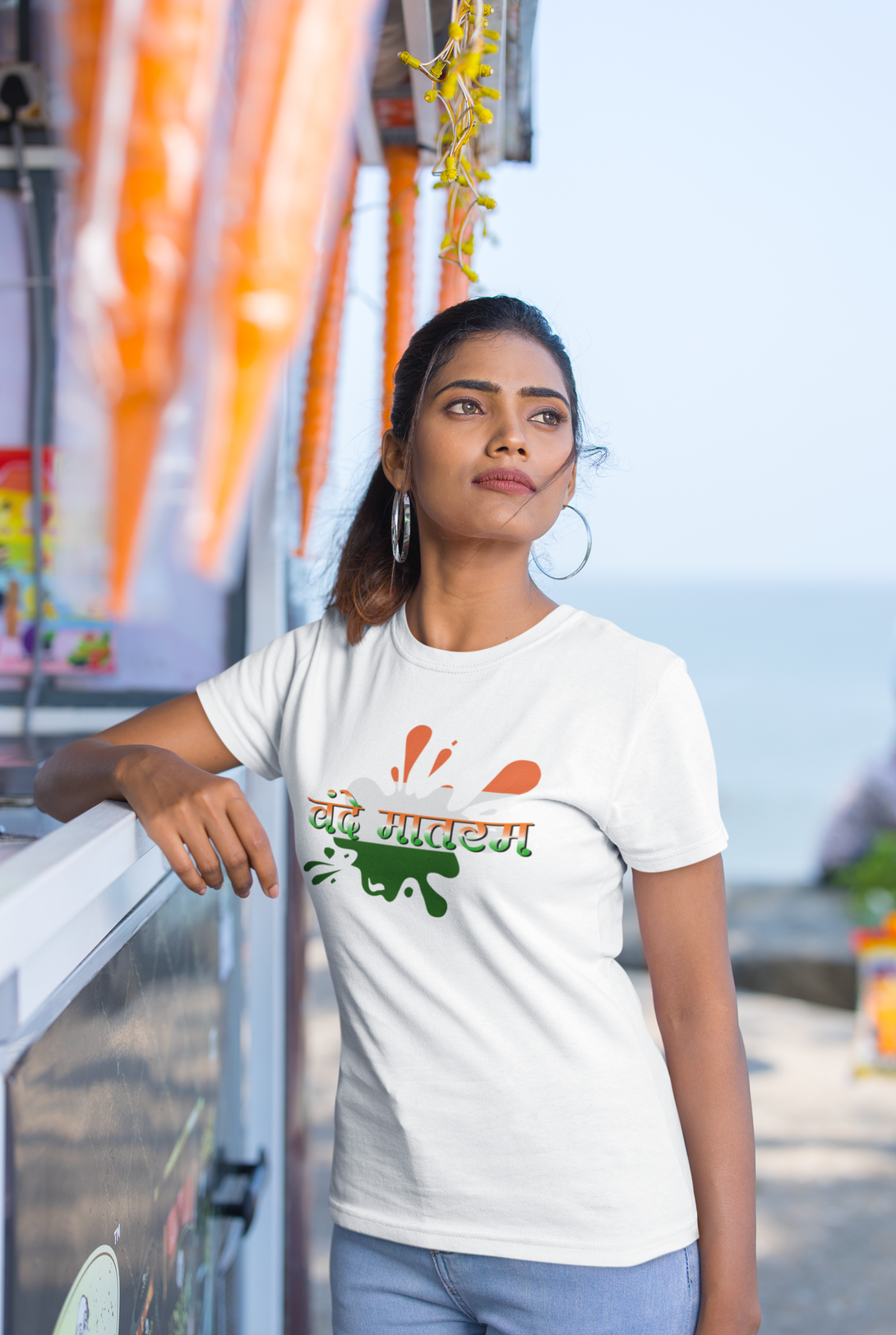 Tricolour Vande Mataram White Printed T-Shirt For Women - WowWaves