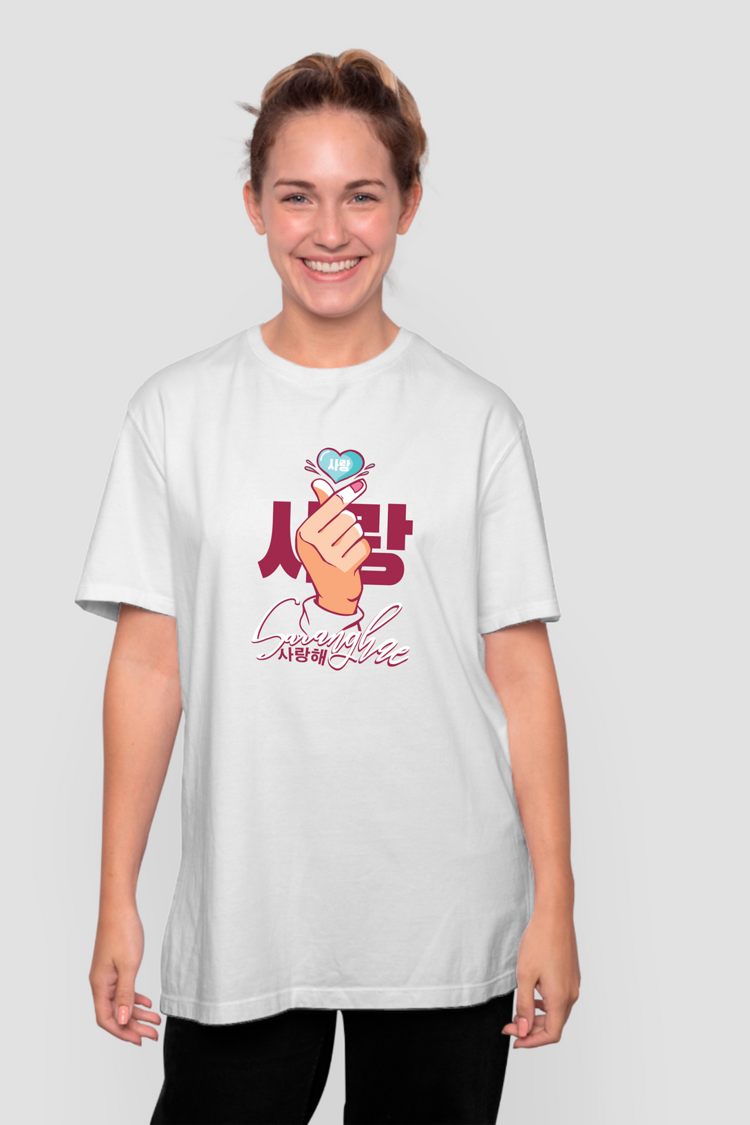 Saranghae Love Printed Oversized T-Shirt For Women - WowWaves - 7