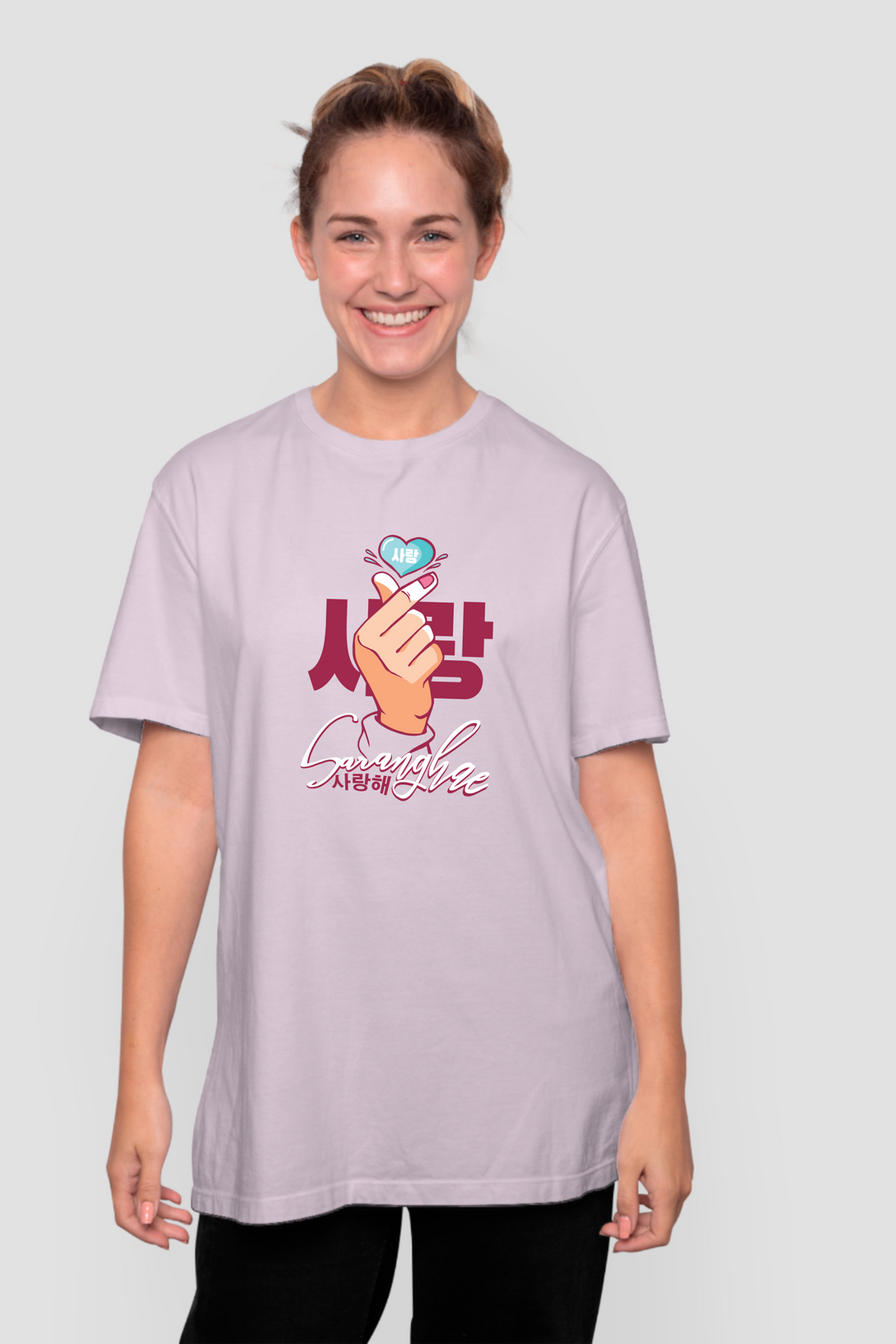 Saranghae Love Printed Oversized T-Shirt For Women - WowWaves - 8